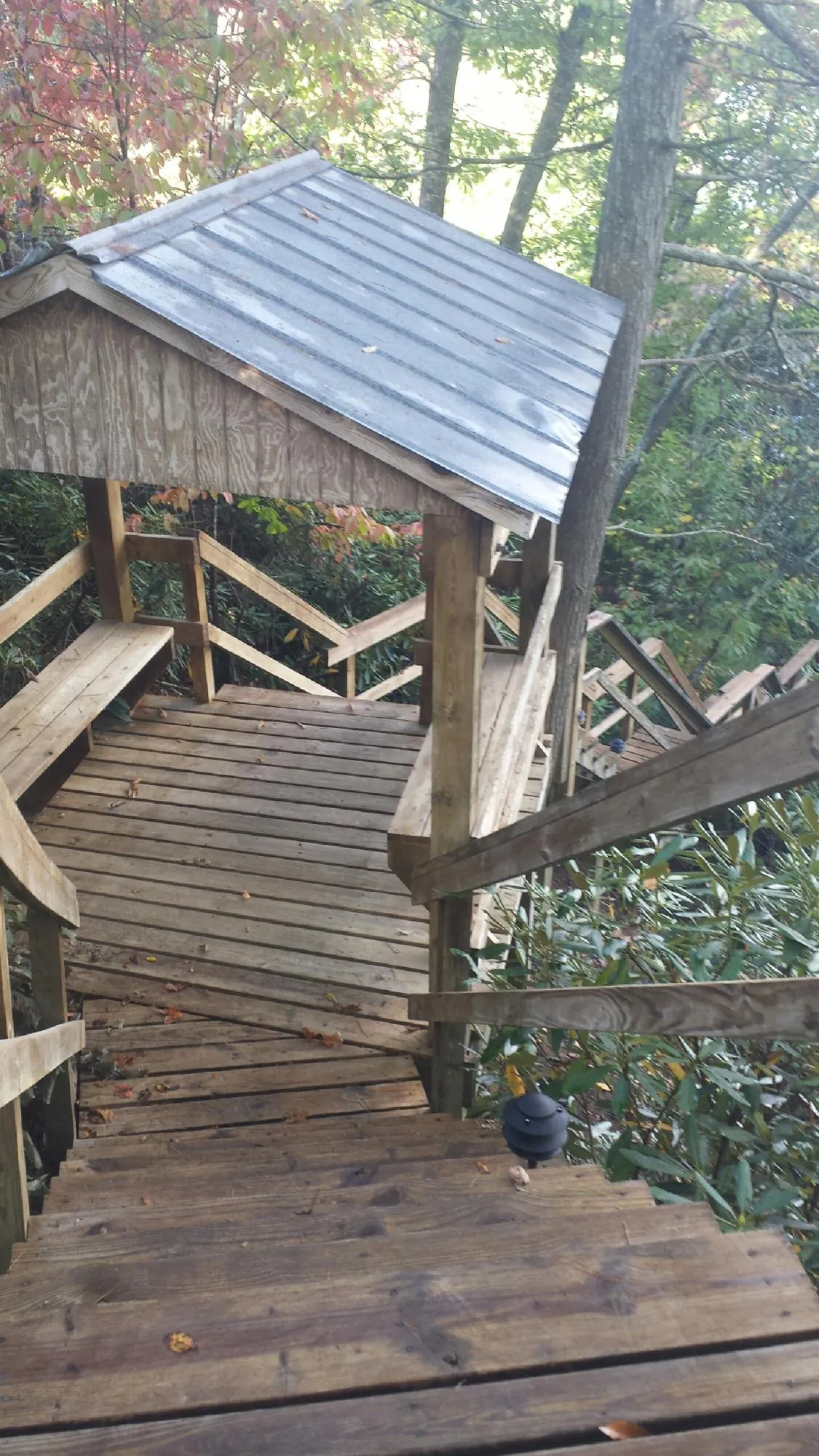 Metal roofed shelter over wooden steps on a wooded walkway — Skylight Repair & Installation work by our crew in Botkins